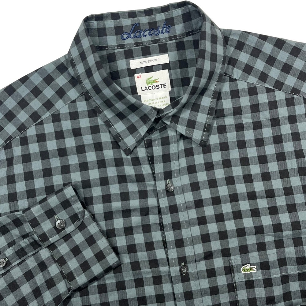 Lacoste Button Down Shirt Mens 42 Grey Black Gingham Modern Fit Long Sleeve Logo